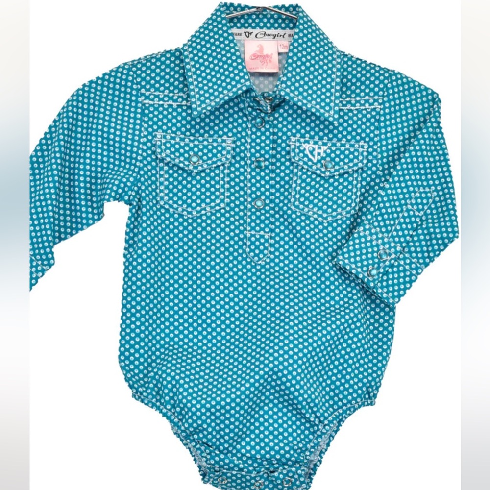 Western Onsie 12M , Teal w/ embroidery. Like new.